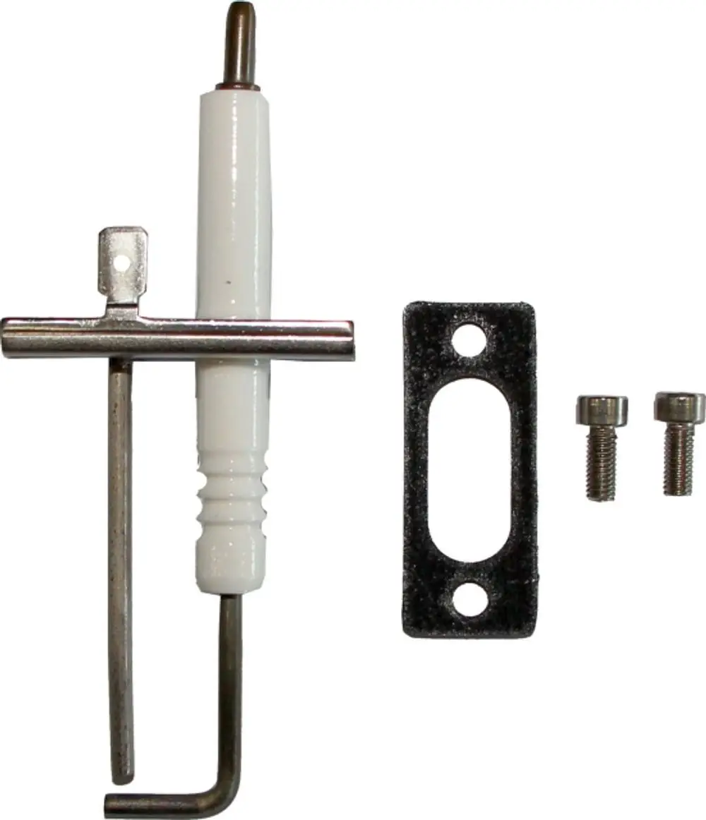 Zünd- und Ionisationselektrode von Wolf, bestehend aus einem metallischen Stift mit Kunststoffgriff, Montageschablone und zwei Schrauben, zur Verwendung in Heizgeräten.